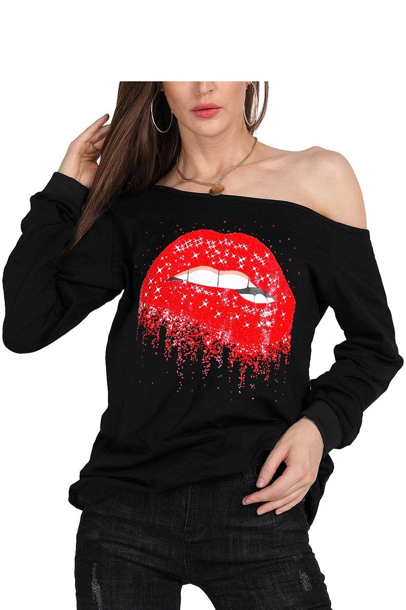 MAGICMK Womanâ€™s Sweatershirt Lips Print Causal Blouse Off The Shoulder Long Sleeve Loose Slouchy Pullover Plus Size Tops(M) Red - Image 2